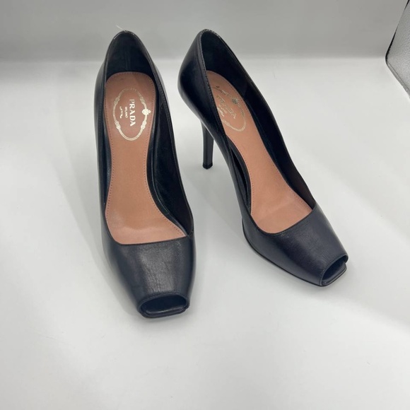 Prada Peep Toe Leather Pump High Heels Black Women 39 Career Work Causal - Picture 7 of 9